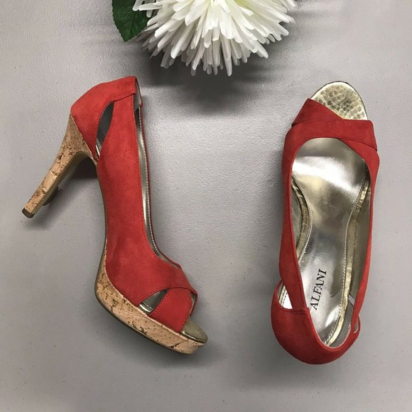 Alfani Shoes - Alfani Fairfax Cork High Heels Platform Red Suede